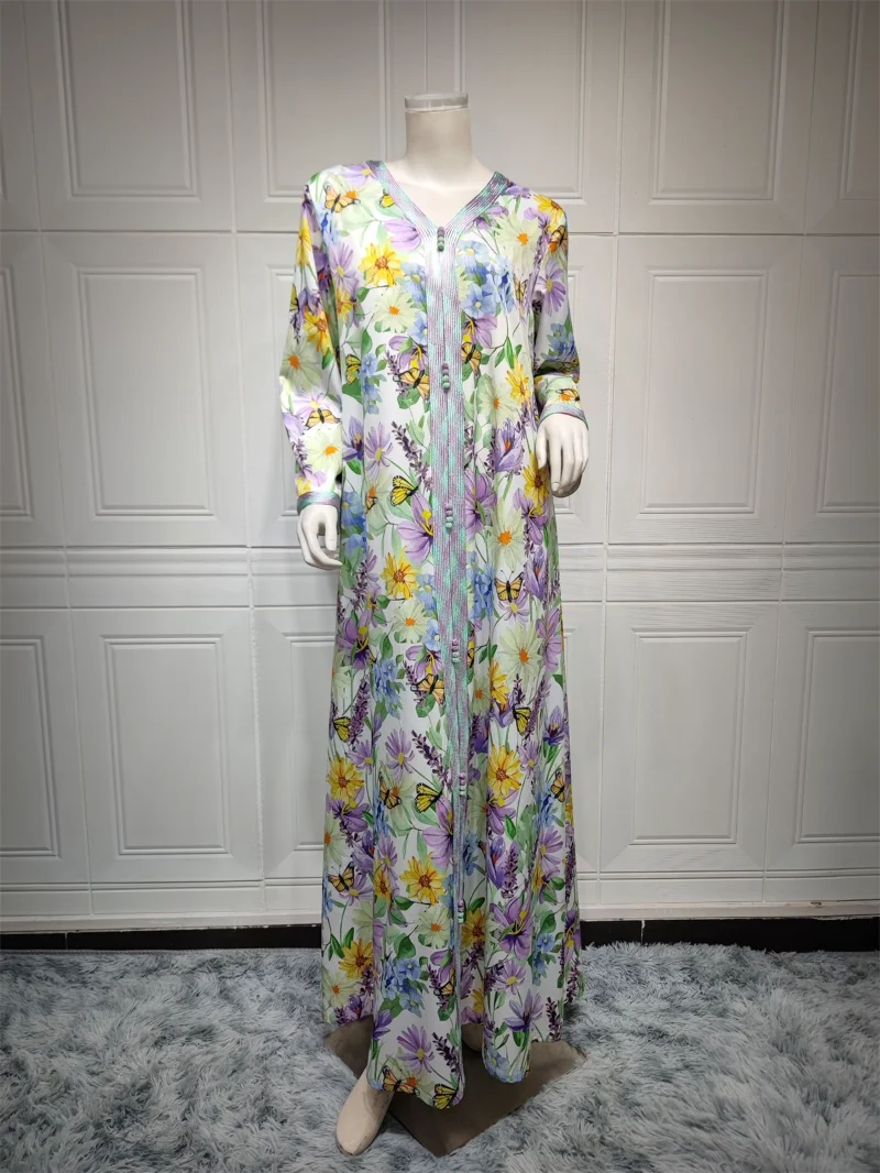 Ethnic Floral Printed Long Dresses Elegant V-Neck Lace Tape Modest Fashion Dress Eid Mubarak Abaya For Woman Free Shipping