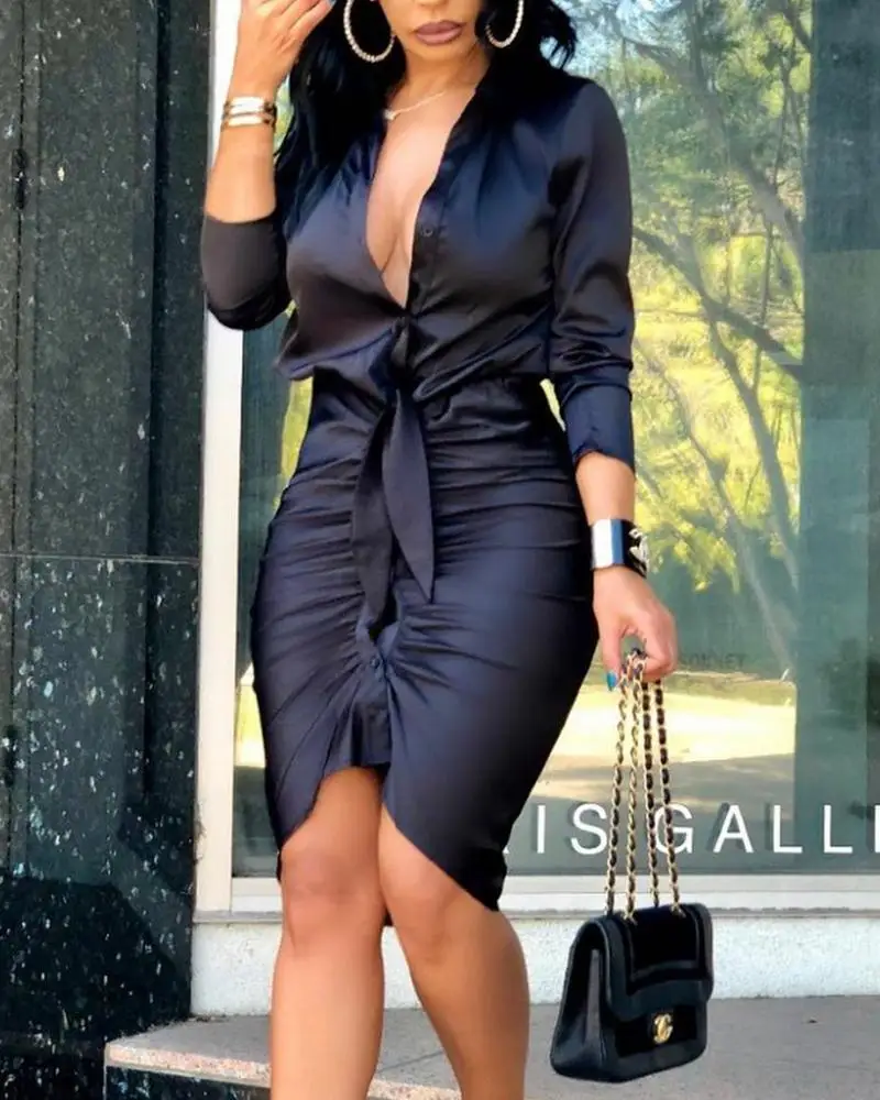 

Chicme Casual Women Turn-down Collar Work Women WearSummer Fashion Black Dress Front Ruched Long Sleeve Shirt Dress