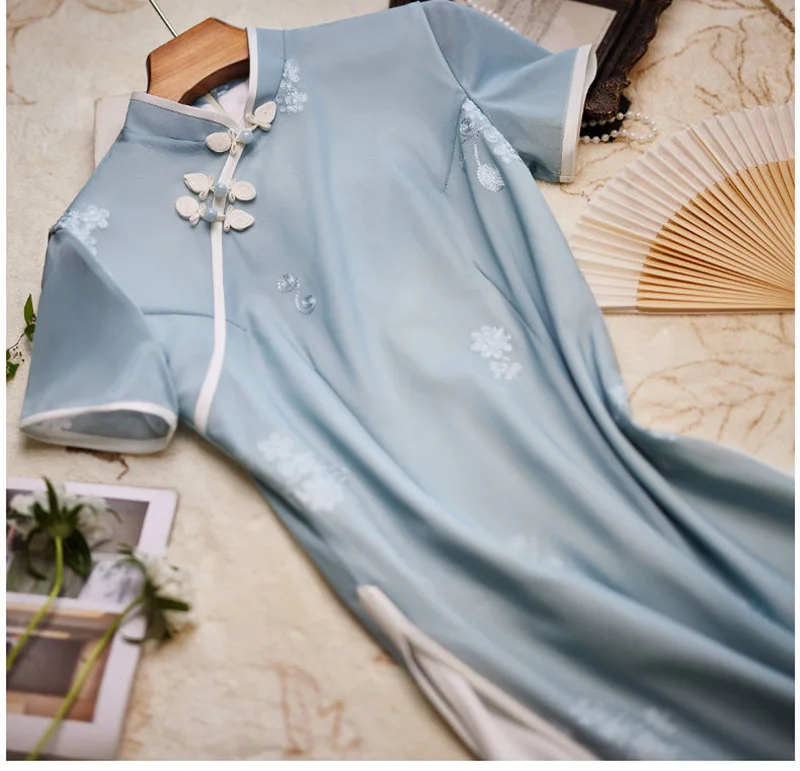 Женское длинное платье-Ципао с коротким рукавом синее элегантное винтажное