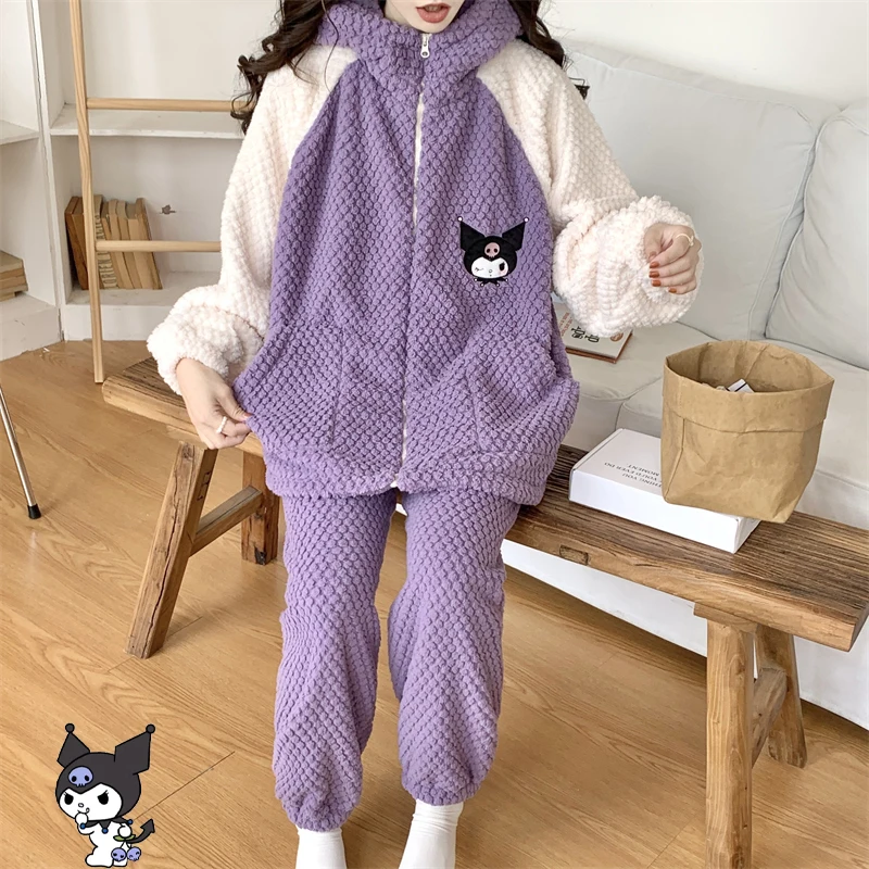 

Cartoon Sanrios Kuromi Plush Sleepwear Winter Leisure Comfort Thickening Coral Velvet Pajamas Sweet Giris Household Clothes