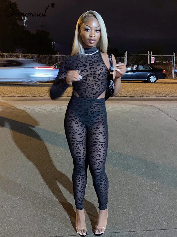 

Simenual Flocking 2 Piece Sets Women Animal Instinct Mesh One Shoulder Long Sleeved X-long Top Sexy Long Pant Clubwear Outfits