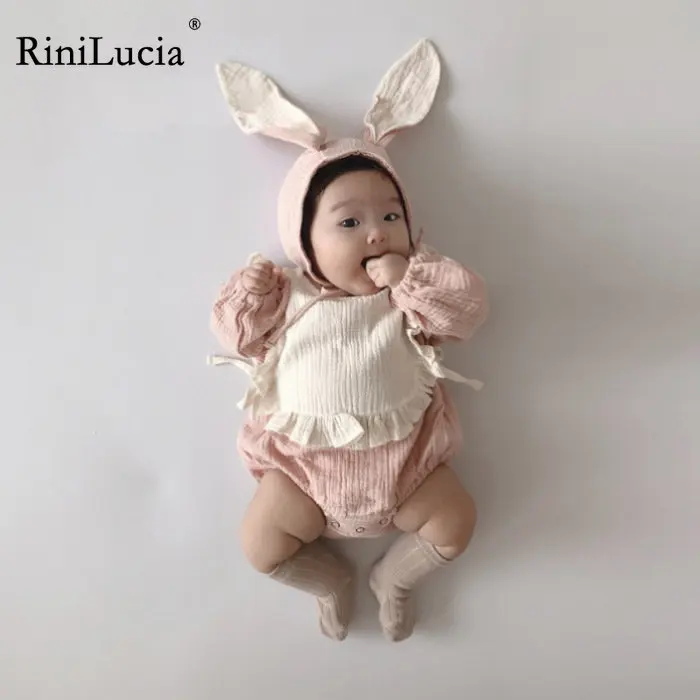 

RiniLucia 2022 Newborn Infant Autumn Clothes Baby Girls Solid Puff Sleeves Jumpsuit Fashion Cotton Comfortable Bodysuit+ Bib