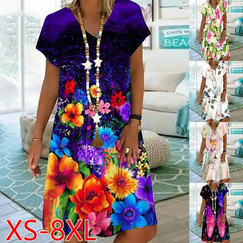 

Women's New Short Sleeve Round Neck Dresses Summer 2022 Floral Print Loose Plus Size Midi Dresses for Women
