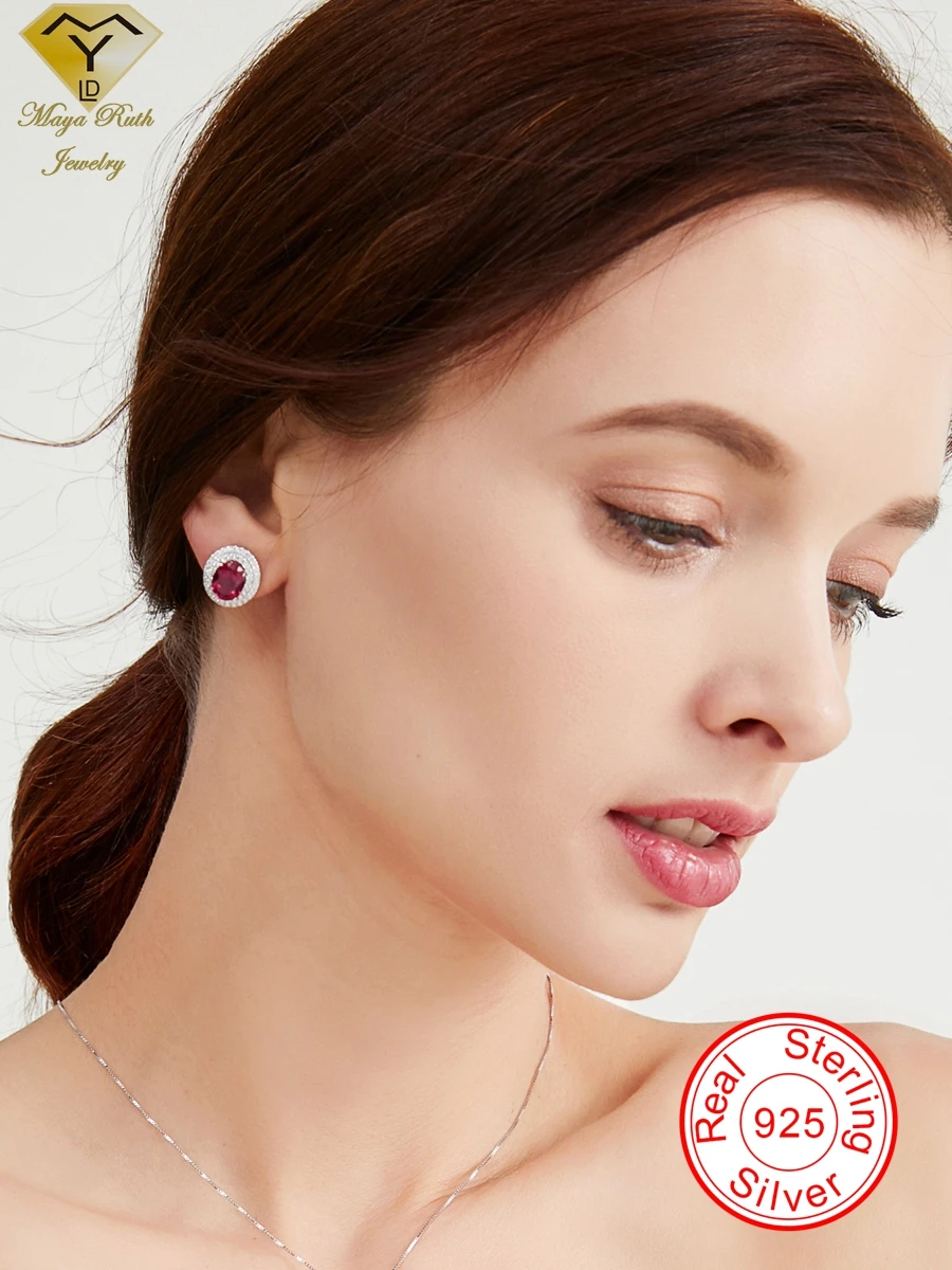 

Lab Created Ruby Stud Earrings Real 925 Sterling Silver Party For Women Female Retro Gift Oval Shape Vintage Charms Aesthetic