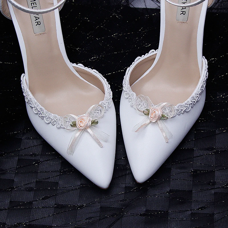 French White Pu Leather Pointed Toe Retro Sandals Lace Bowknot Flower One-button Ankle Strap Stiletto High Heel Bridesmaid Shoes