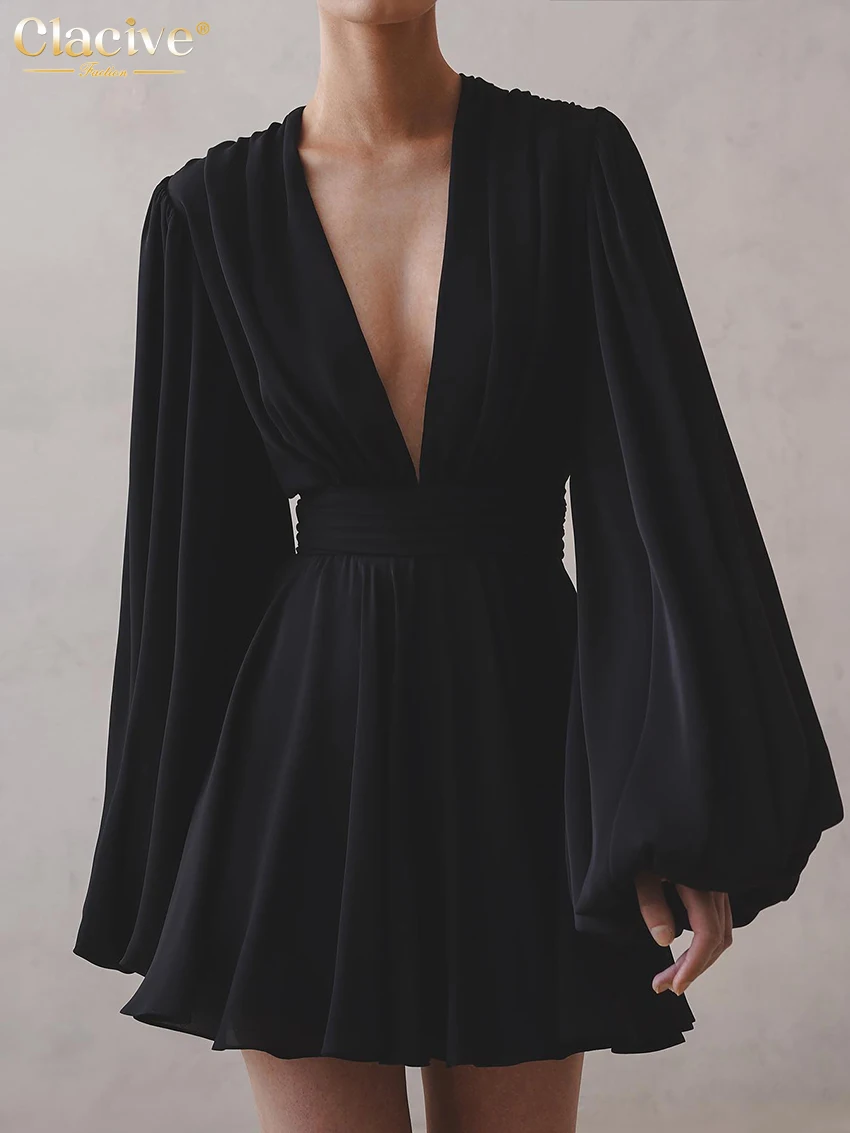 

Clacive Sexy Deep V-Neck Mini Dress Lady Fashion Slim Puff Sleeve Black Dress Elegant Pleated High Waist Dresses For Women 2022