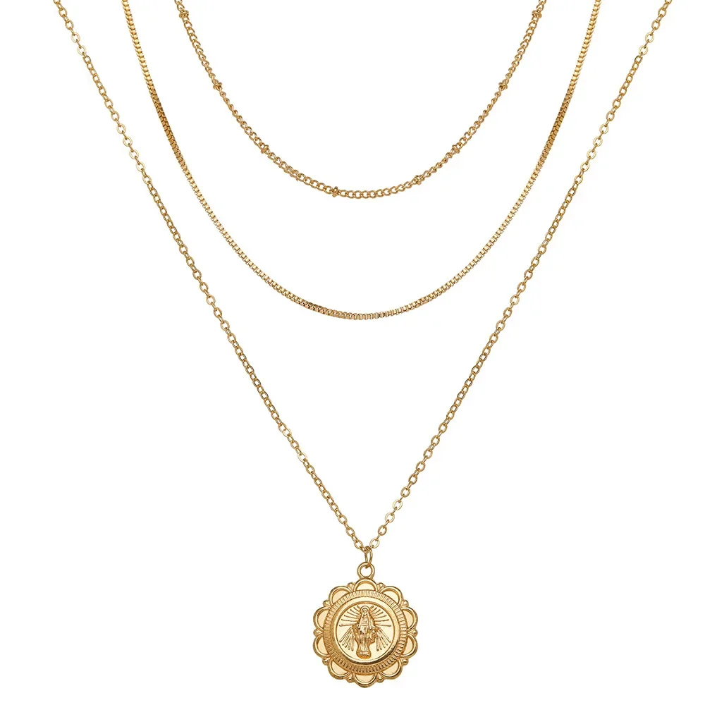 Creative Simple Fashionable Elegant Women's Jewelry Multi-layer Gold Lotus Buddha Image Necklace 3-piece Set New Cross-border St |