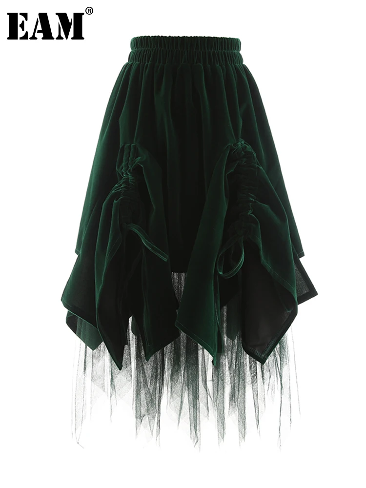 

[EAM] High Elastic Waist Green Hem Mesh Drawstring Irregular Half-body Skirt Women Fashion Tide New Spring Autumn 2022 1DF2478