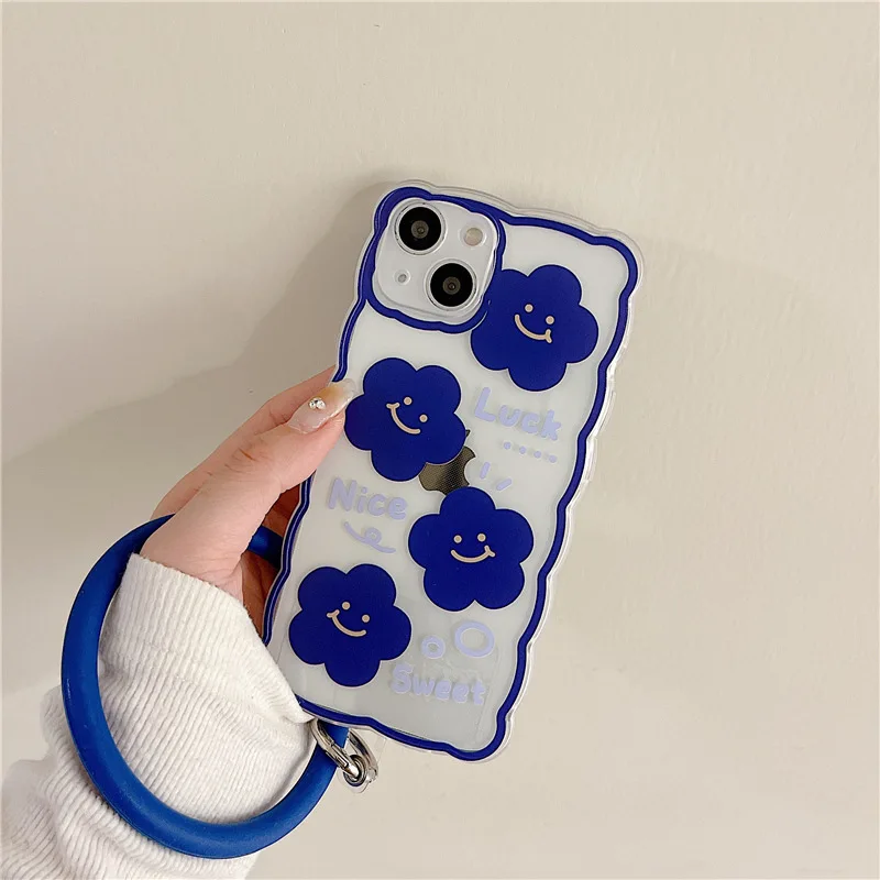 

Klein Blue Flower Phone Case with Hand Ring Wavy Border Clear Back Cover For iPhone 11 12 13 PRO MAX MINI XR X XS 6 6S 7 8 PLUS