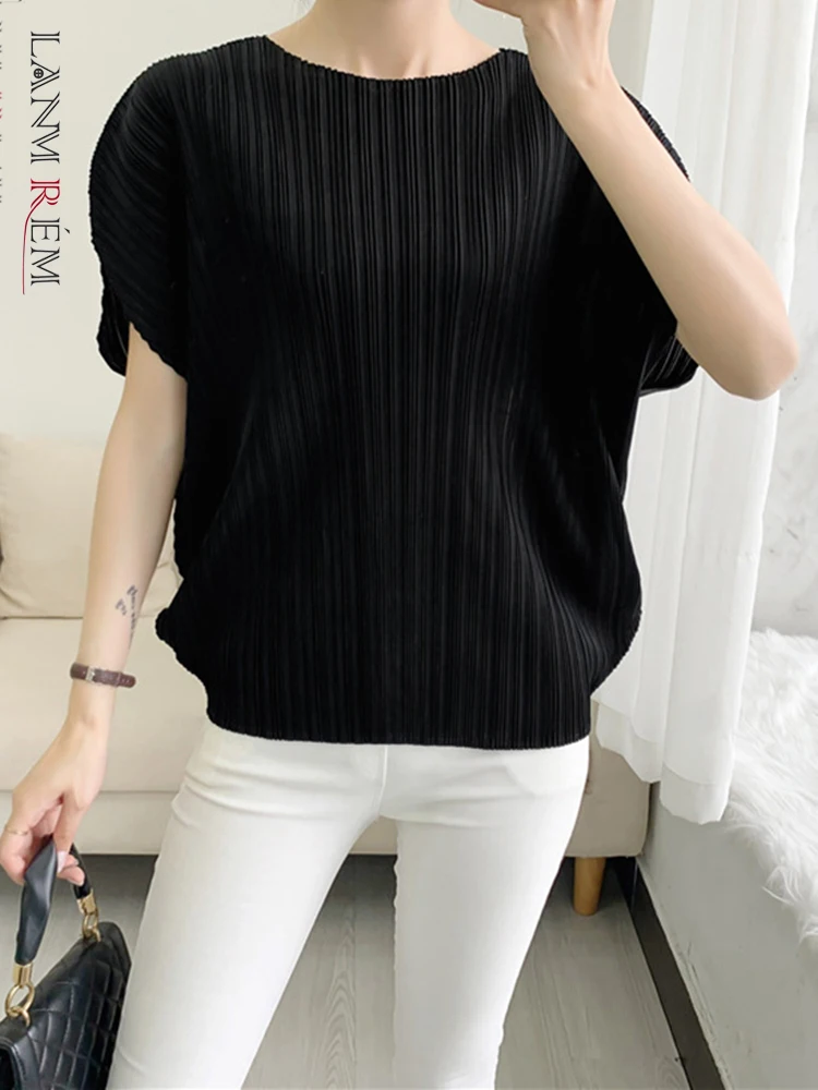 

LANMREM Pleated Round Collar Loose Waist Short Sleeve Soild Color Shirt For Women Summer Female Fashion Clothing 2I839