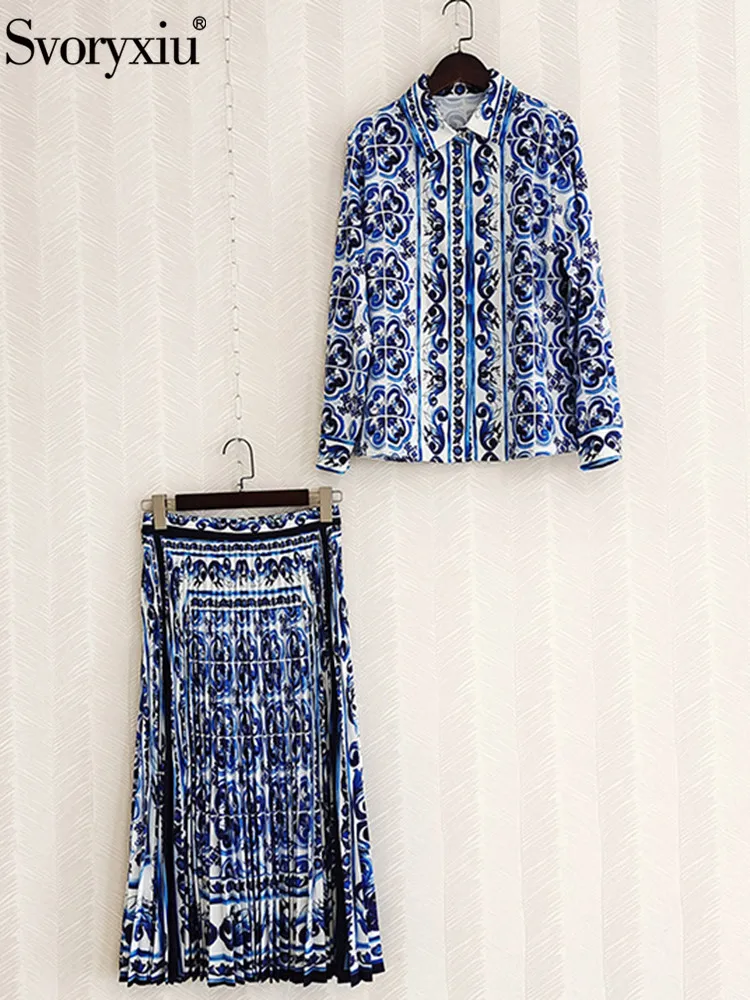 

Svoryxiu Fashion Autumn Vintage Blue And White Porcelain Skirt Suit Women Turn-down Collar Button Shirt Coat + High Waist Skirt