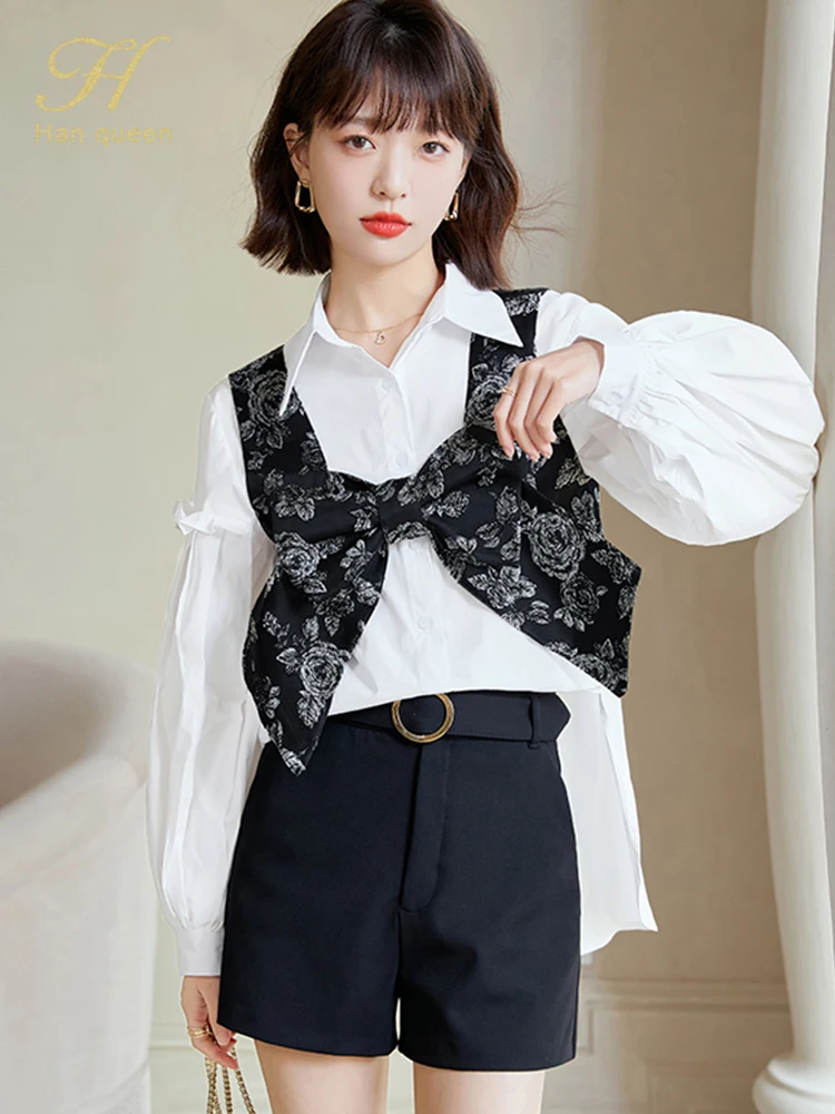 

Новые винтажные женские офисные блузки большого размера H Han Queen из 2 предметов, повседневные корейские свободные блузки для женщин