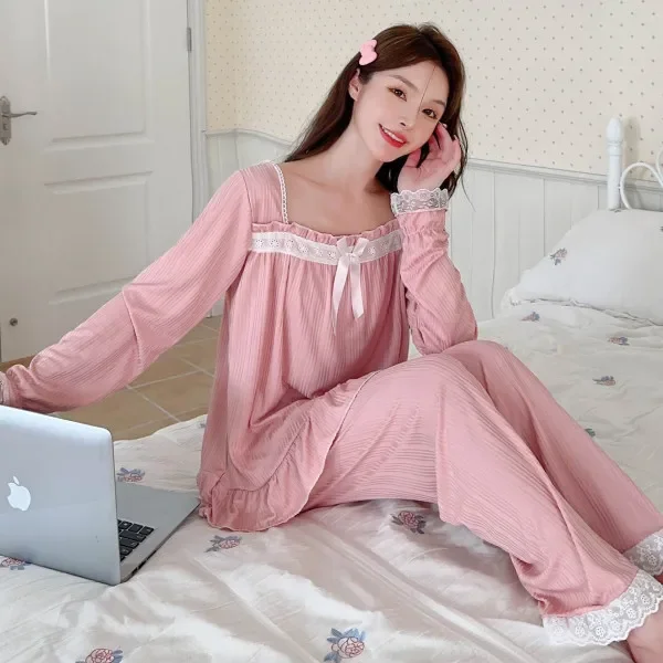 Весенне-осенняя женская ночная рубашка однотонные брюки в рубчик с длинными