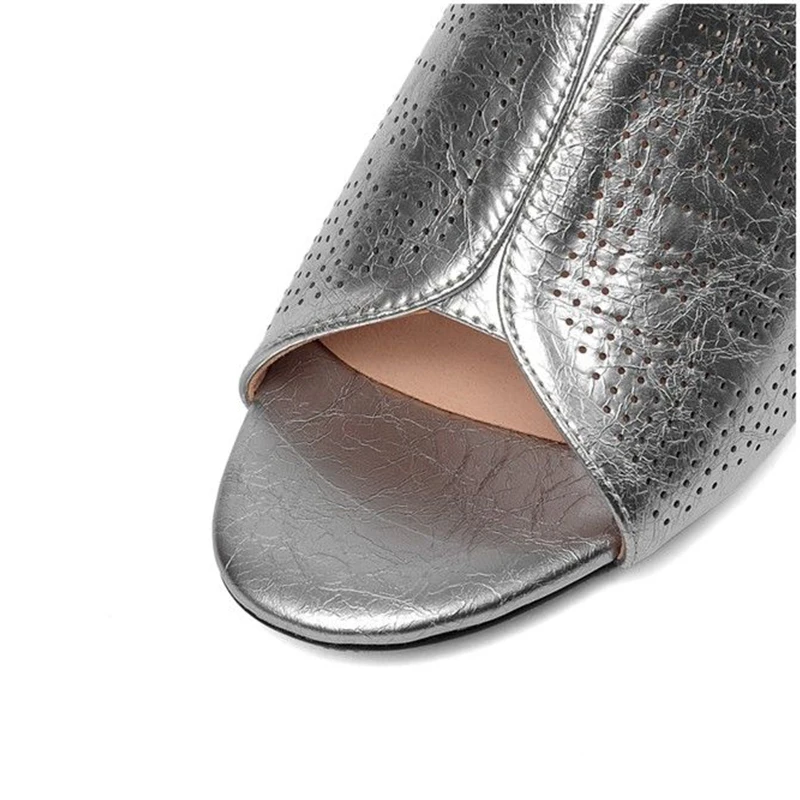 Peep Toe Microfiber Leather Slippers Women Silver Gold Sexy Med High Heels Hoof Heel Outdoor Jelly Sliders Casual Sandals