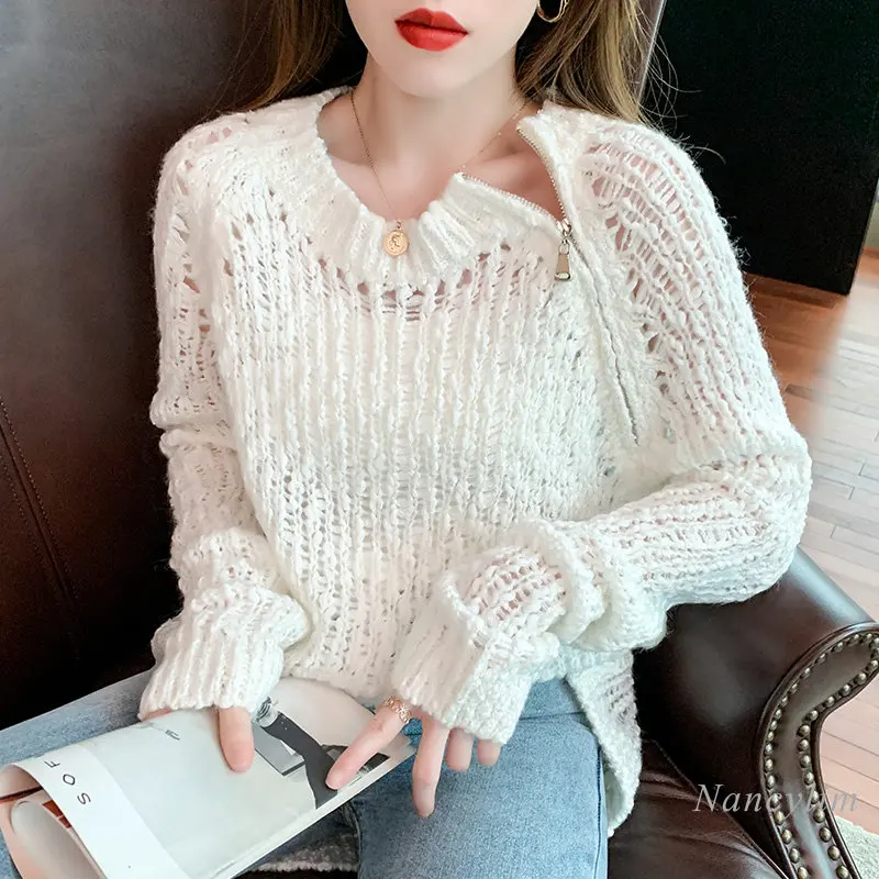 

2022 Early Autumn Women's Hollow Out Sweater Idle Style Thin Sunscreen Knitted Top Ladies Sexy Cutout Loose Long Sleeve Knitwear