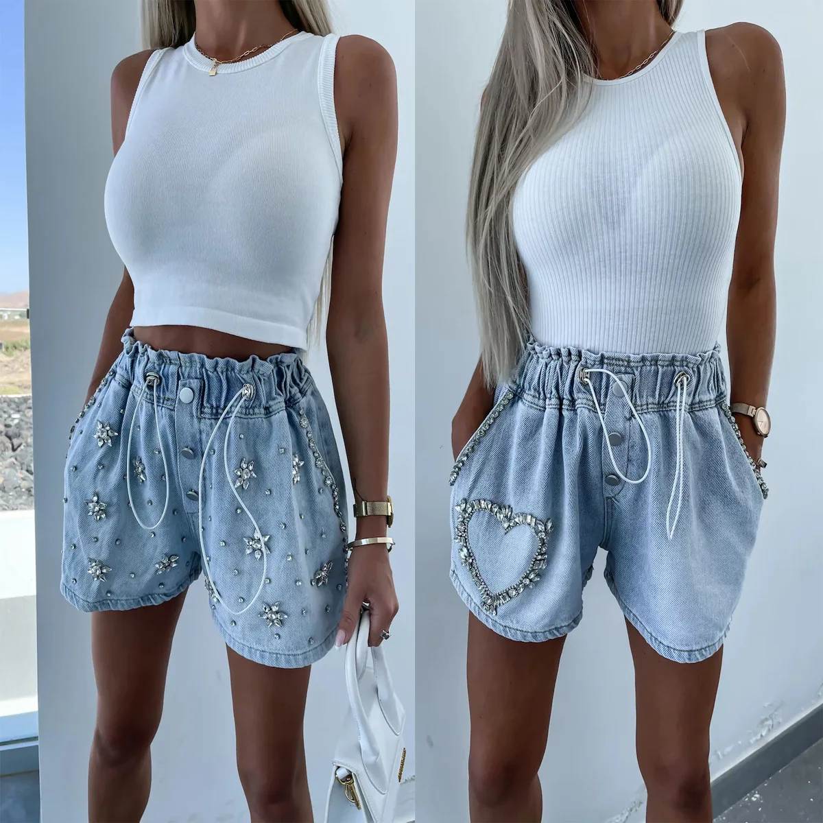 Women's 2023 Summer New American Street Fashion Casual Heavy Industry Rivet Rhinestone Versatile Denim Shorts