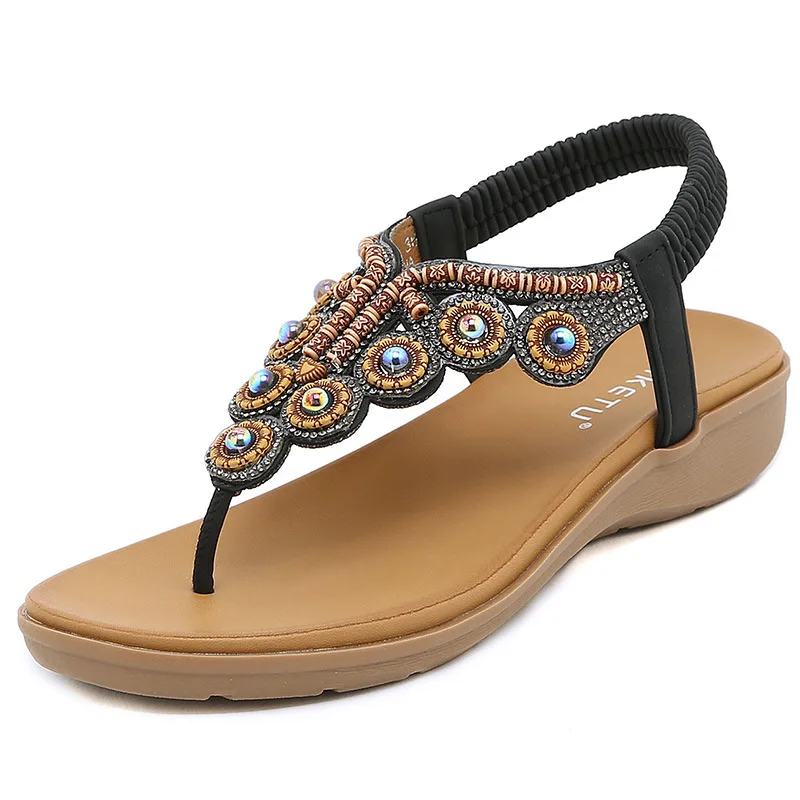 

New Sandals Shoes Women Soft PU 3CM Wedges Shoes Bohemian Rhinestone Elastic band String Bead Flip Flops Women's Shoes Party