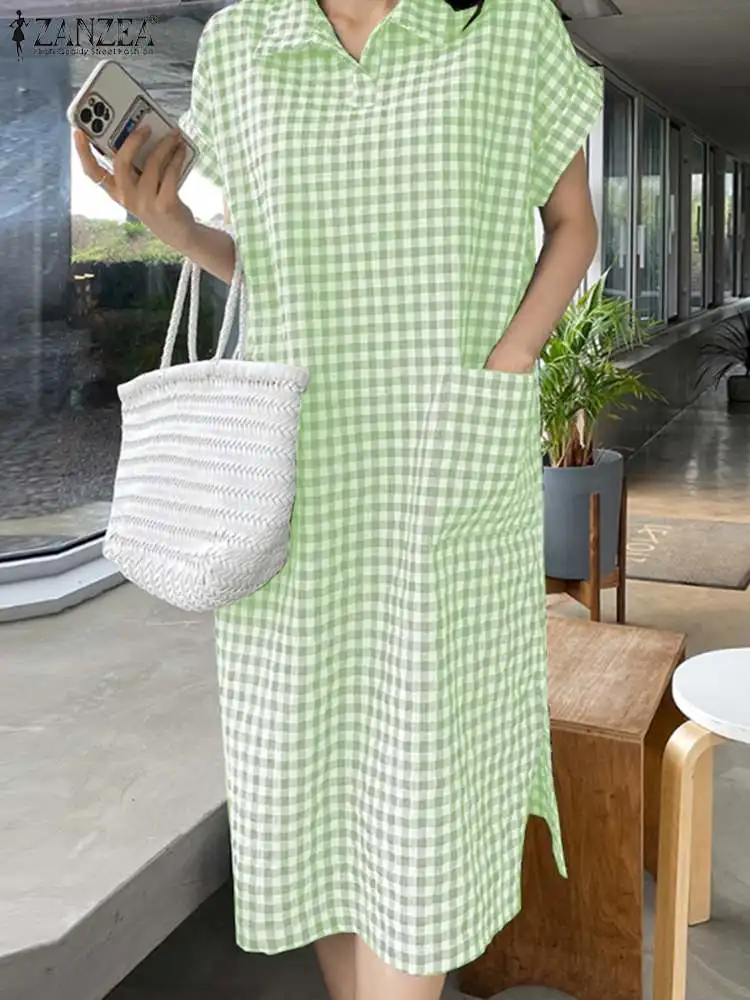 

Элегантный Летний Сарафан ZANZEA, женские модные платья с коротким рукавом, женское платье в клетку с принтом, воротником с лацканами, повседневный халат с карманами, 2023