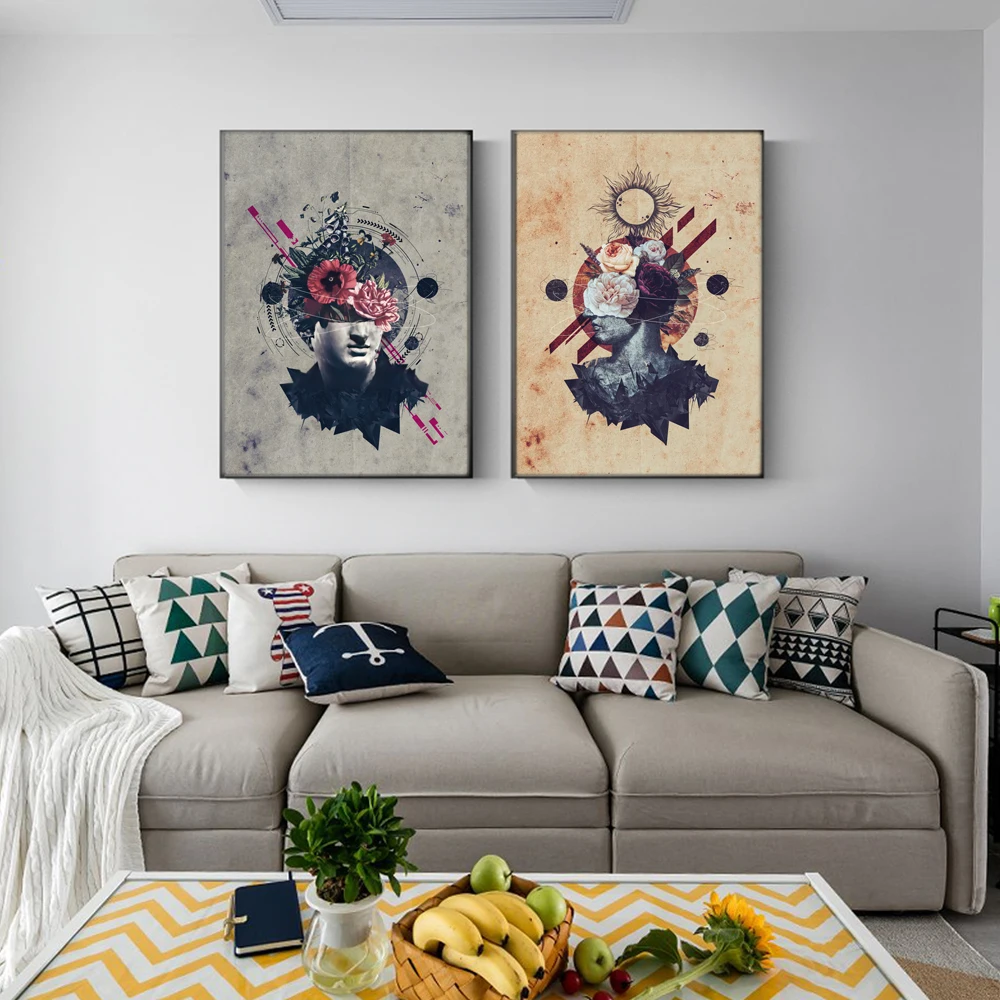 

David Head and Flowers Splicing Poster Creative Wall Art Canvas Prints Abstract Figure Portrait Paintings Living Room Home Decor