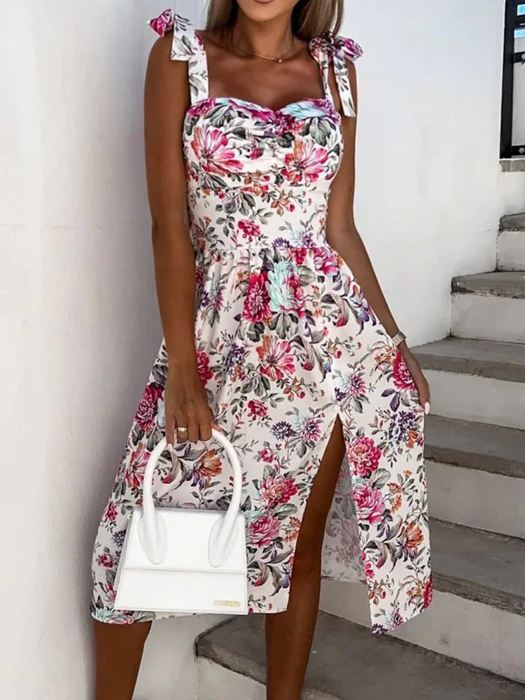 

Summer Spaghetti Strap Dress Women Sexy Floral Print Sleeveless Sling Dress Boho Slash Neck Slit Beach Party Dress Sundress Robe