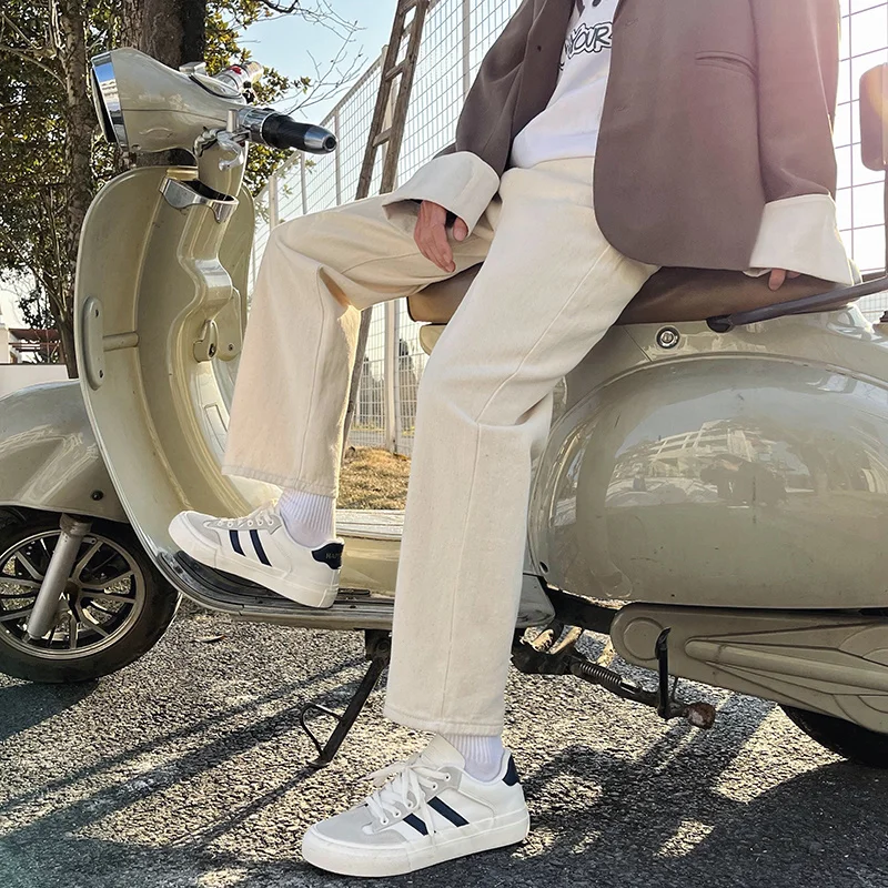 Elastic Waist Jeans Men Fashion Casual Black/Khaki/Beige Straight Jeans Men Streetwear Loose Hip Hop Denim Pants Mens Trousers