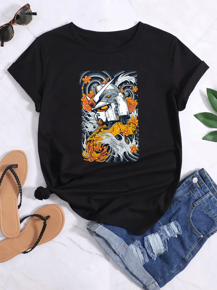 

Chrysanthemums And Waves Print Female T-Shirts Fashion Casual Tshirts Street Hip Hop Tee Clothing O-Neck Summer Womens T Shirts