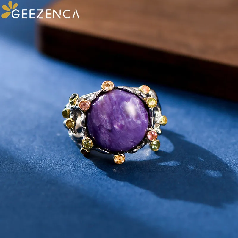 

GEEZENCA Luxury Charoite Zircon 925 Sterling Silver Cocktail Rings For Women Italian Style Vintage Purple Gemstone Wide Ring