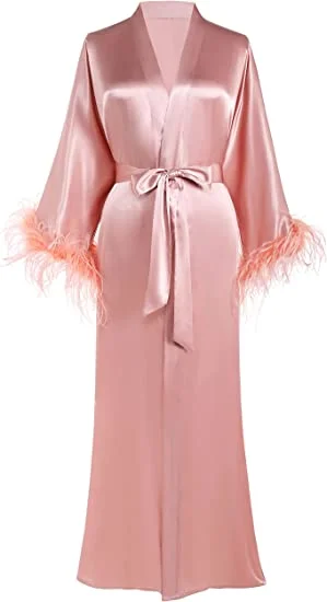 Pink Feather Floor Length Maxi Dressing Gown Robes Long Bridal Robe Boudoir Bridesmaid Gifts Satin Trim Bride Kimono Wedding