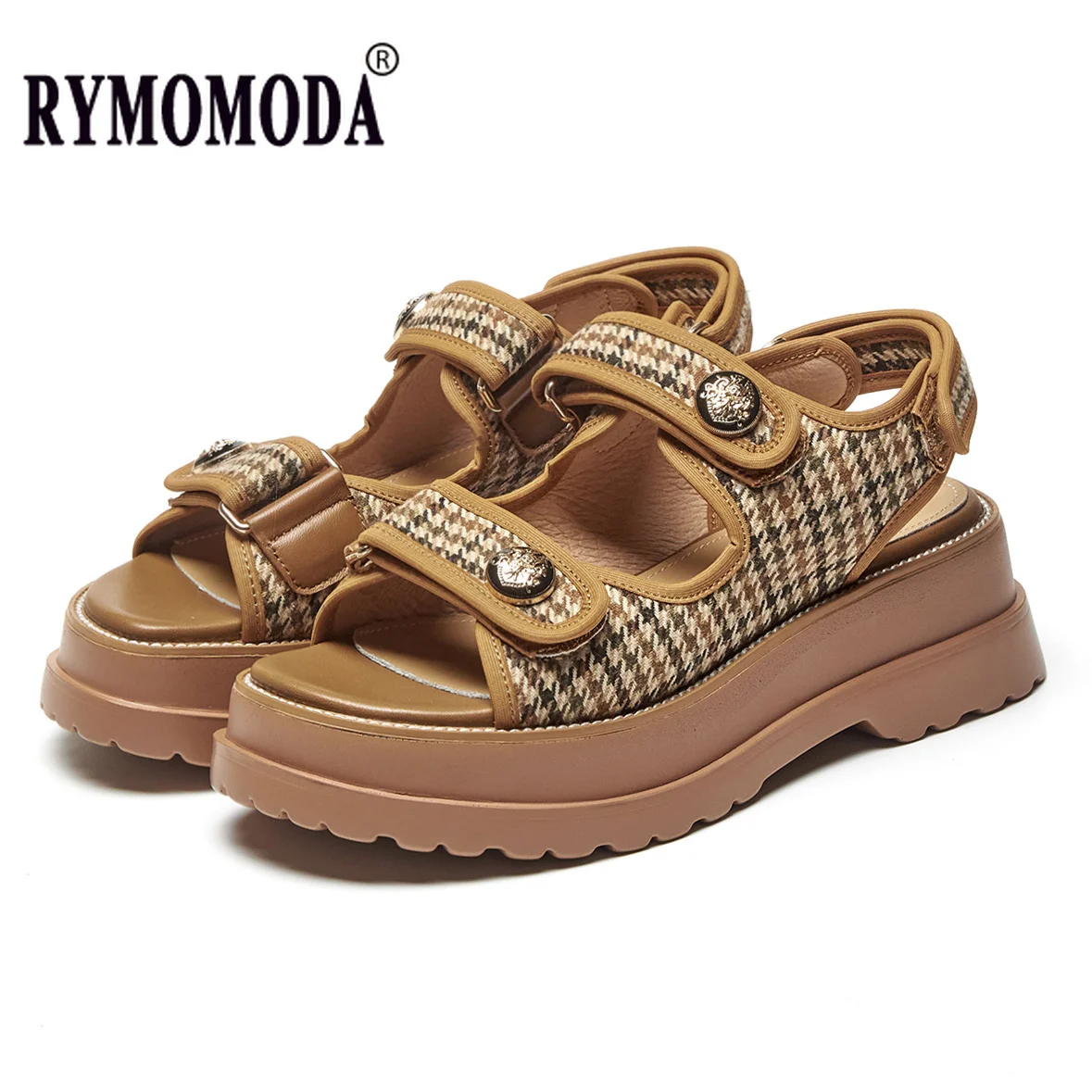 

Velcro Platform Sandals Women Summer Beach 2022 Luxury Genuine Leather Peep Toe Slingback Handmade Female Flat Shoes Big Size 42