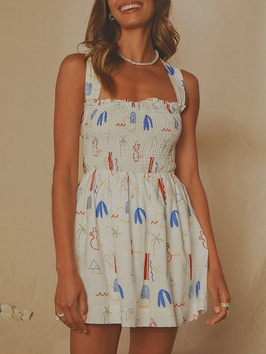 

Женское платье без рукавов с открытой спиной, летние повседневные свободные короткие платья с цветочным принтом и плиссированными завязками