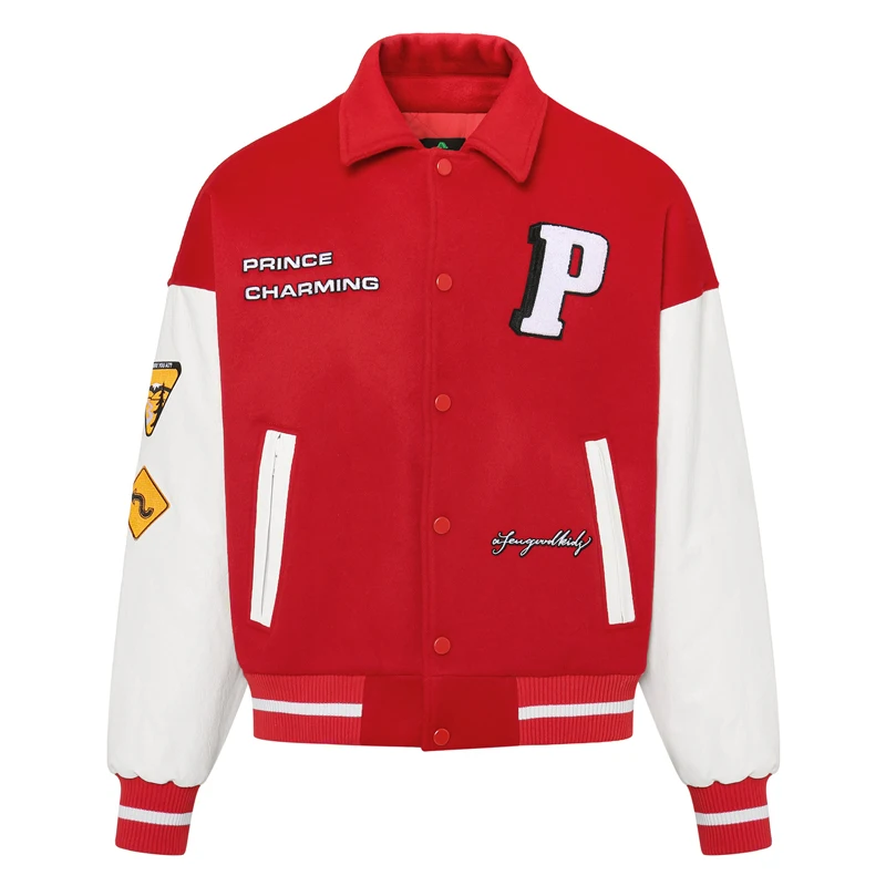 Fashion Red Bomber Jacket Unisex Coat Mens Varsity Jacket Letter Pattern PU Leather Patchwork Baseball Jacket Winter Streetwear
