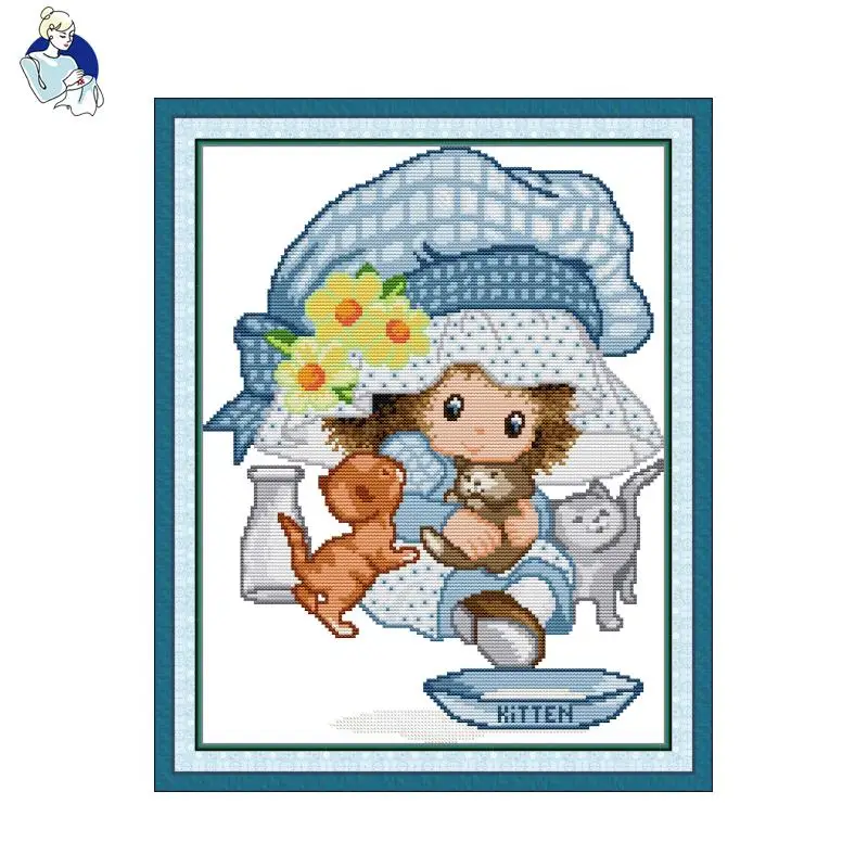 JoySunday Big-Faced Doll Printed Cross Stitch Kits Aida Cloth 16CT 14CT Fabric DIY Craft Kit Needle Canva Hand Embroidery Sets