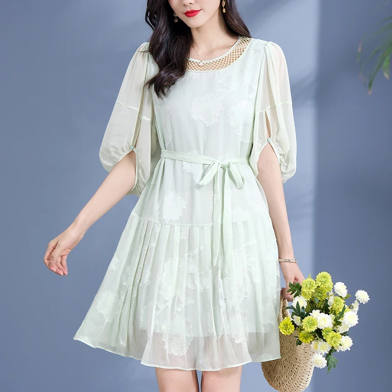 Vintage Dresses For Women 2023 Summer Elegant Hollow Out Three Quarter Sleeve 70% Real Silk Women's Ruffles Green Dress A-line