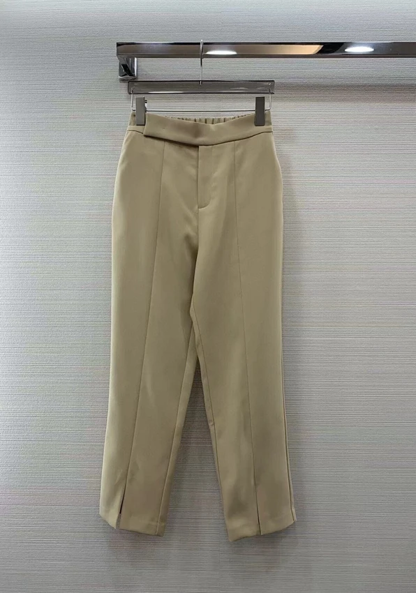 2023 new women fashion loose casual solid color decoration symmetrical pocket trousers split nine-point pants 0405