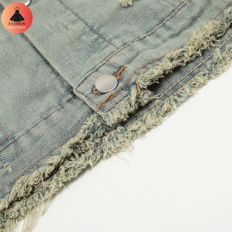 Тенденция высшего качества винтажная джинсовая куртка с отверстиями