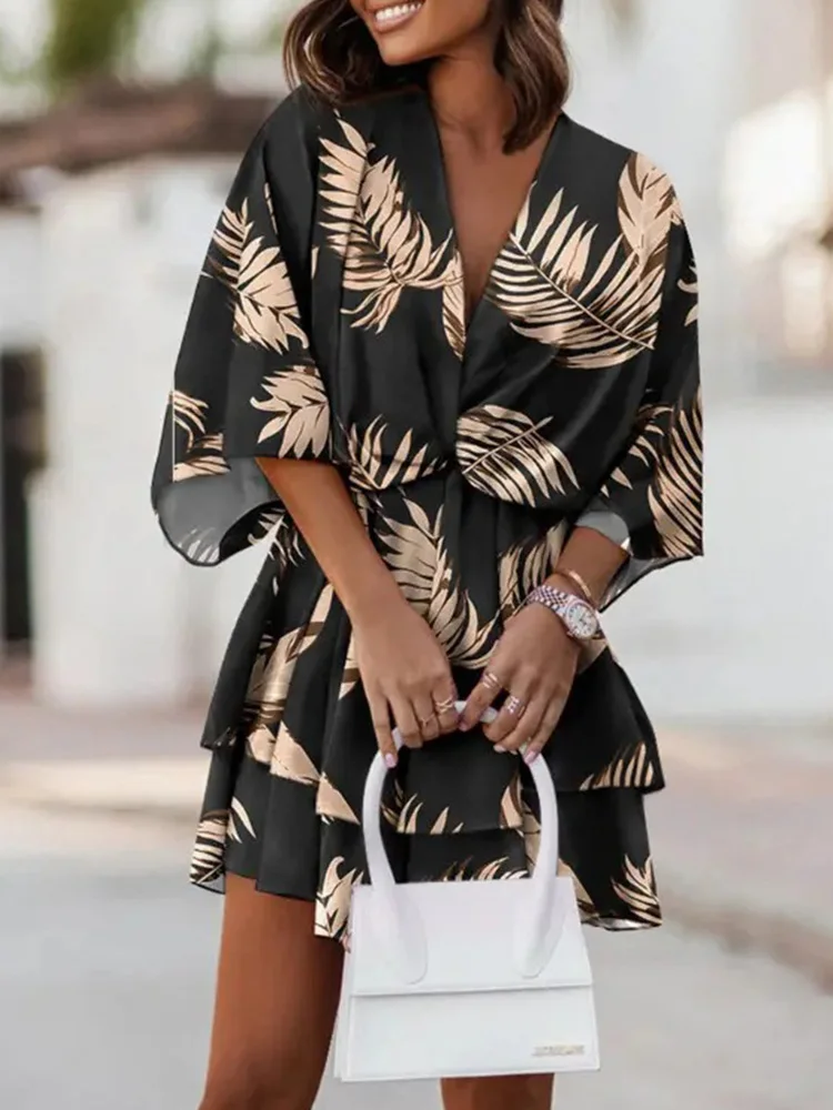 

Tropical Print Twist Design Casual Dress Women Batwing Half Sleeve Summer Dress