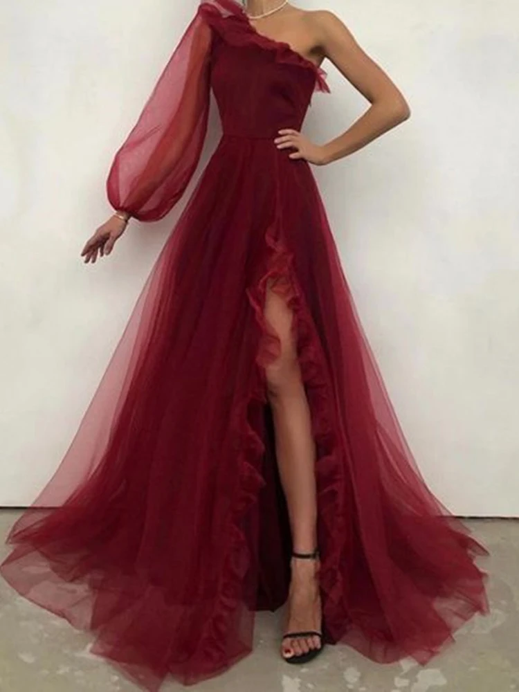 

2023 New Ladies Long Single Sleeve Side Slit Ruffled Tulle Perspective A-Line Prom Dress Burgundy Formal Party Dress