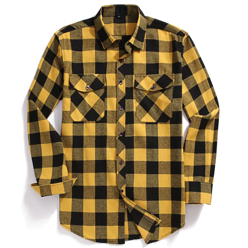 

Plaid Flannel Shirt Long-Sleeved Chest Two Pocket Design Fashion Printed-Button male high quality top