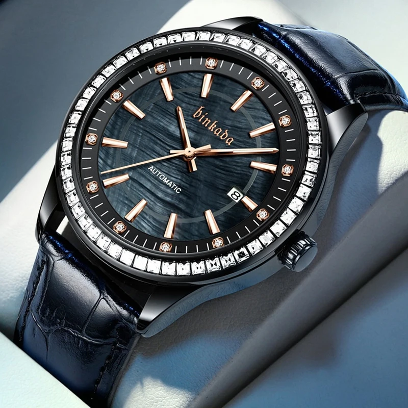 BINKADA Деловые мужские механические часы Лучший бренд Роскошные кожаные
