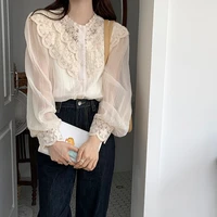 french retro women blouse embroidery lace stitching hidden pattern fairy ladies translucent loose mesh sleeved shirt top 2022