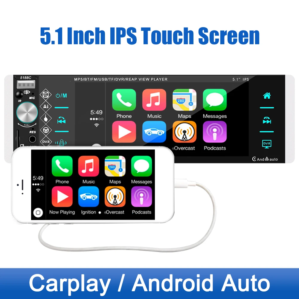 

Smart AI Voice Assistant Bluetooth 4.2 Stereo Receiver Car Radio 1 Din 3-USB 5.1 Inche Touch Screen MP3 MP5 Player