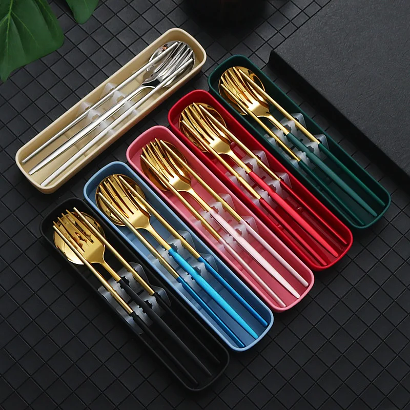 Stainless Steel Portable Portuguese Western Tableware Titanium Color Gold Factory Gift Logo Spork Three-Piece Set Including Chop