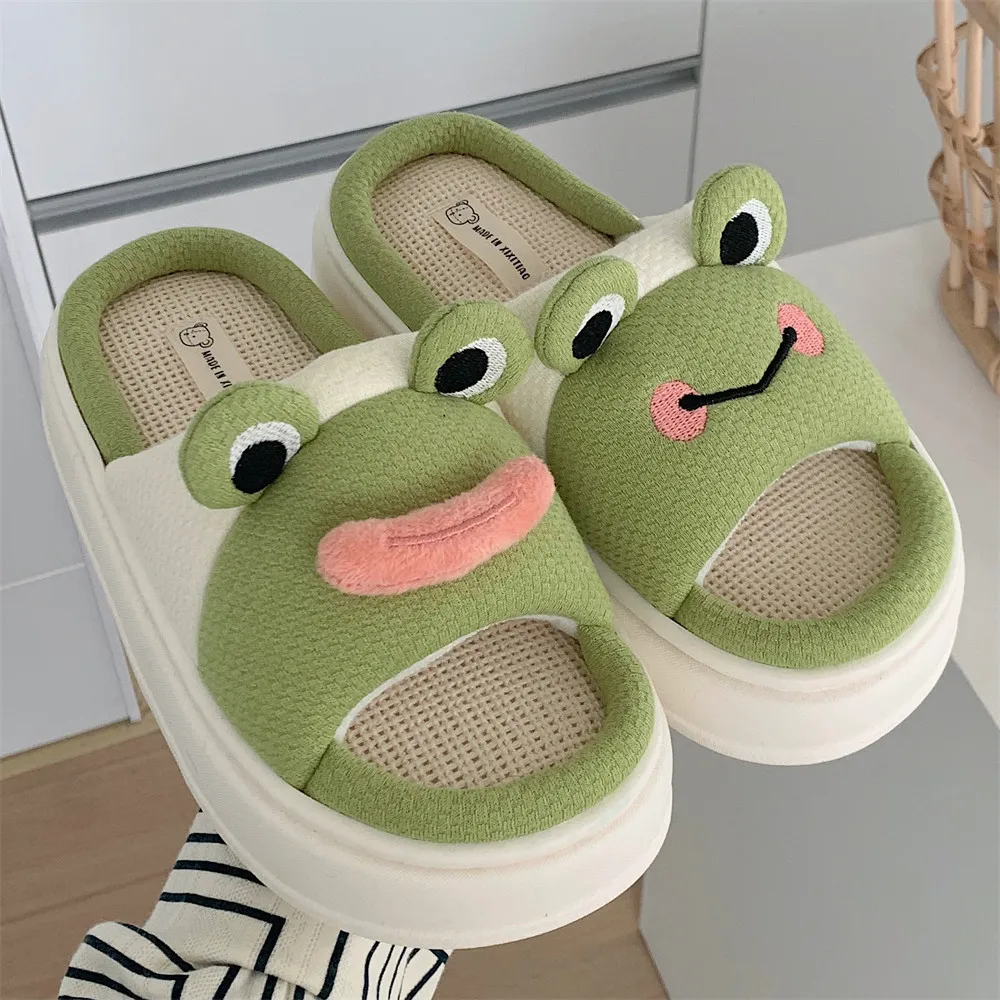 Women Slippers Fun Frog Shape Design Hemp Platform  Home Cotton Flax Ladies Casual Shoes Non-slip Bedroom Woman Slides Shoes