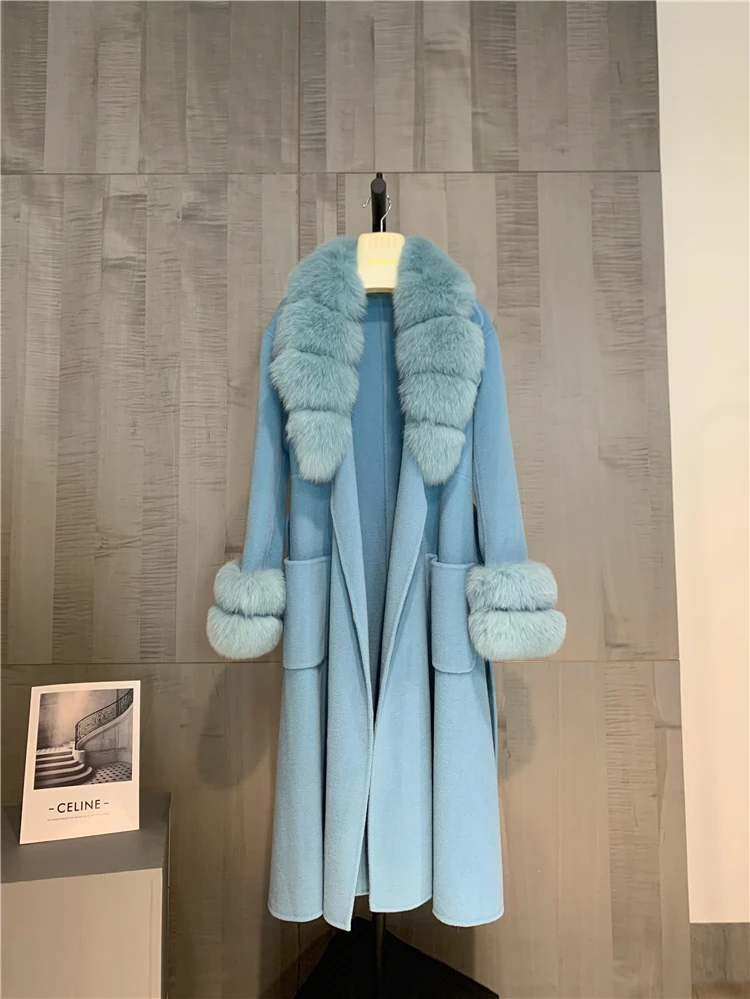 Women Winter Real Fur Coat X-long Woolen Jacket Cashmere Wool Blends Luxury Overcoat Belt Natural Fox Fur Collar Cuff Streetwear