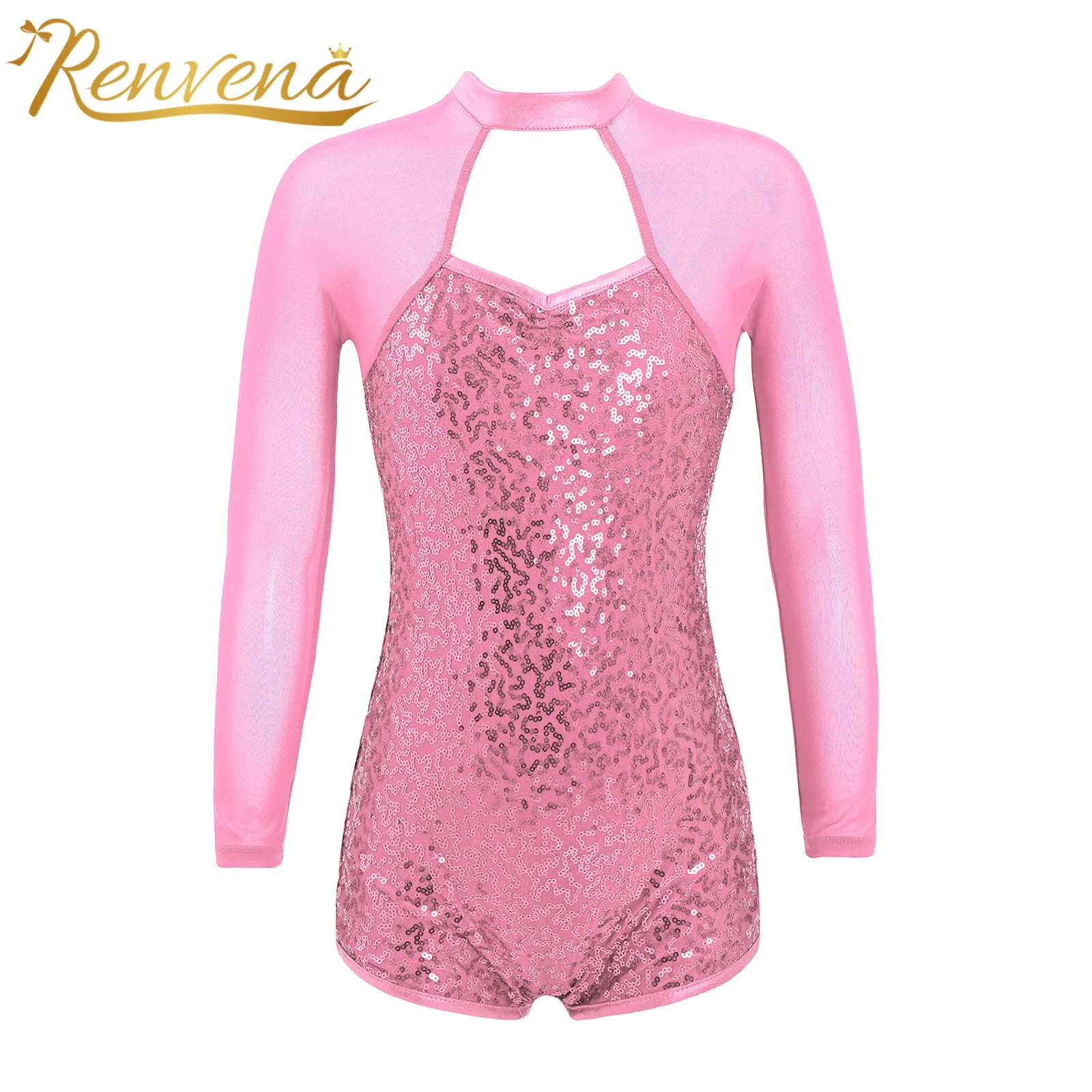 

Kids Sparkle Sequins Ballet Unitard Girls Mesh Splice Long Sleeve Backless Dance Leotards Childs Gymnastic Jumpsuit Dance Wear