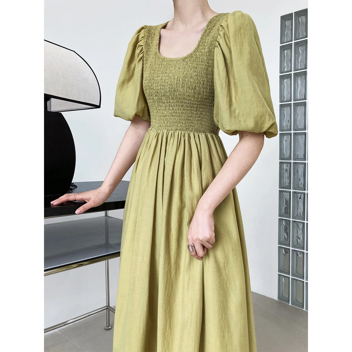 

Texture Square Neck Ruched Puff Sleeve Dress Green White Black Elegant Slim Short Sleeve Women Long Dress