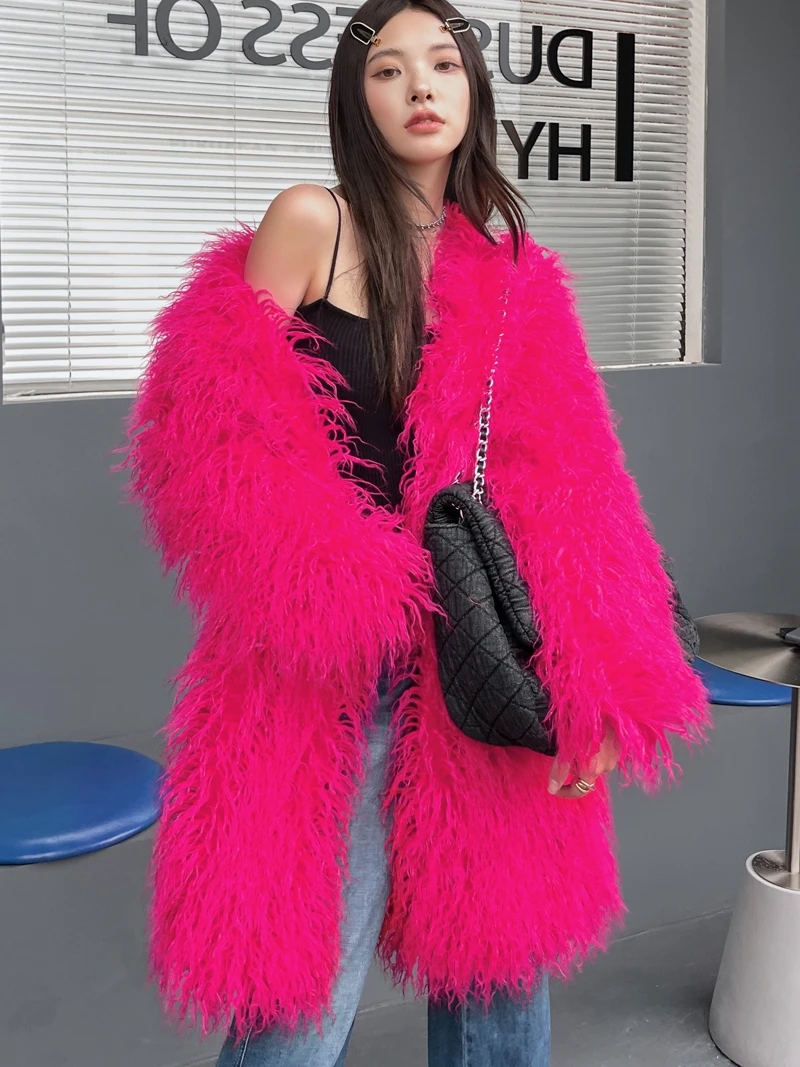 New 2023 Autumn and Winter High-End Red Fur Coat Fashion Imitated Mongolia Sheep Fur V-neck Loose Temperament Long Fur Jacket