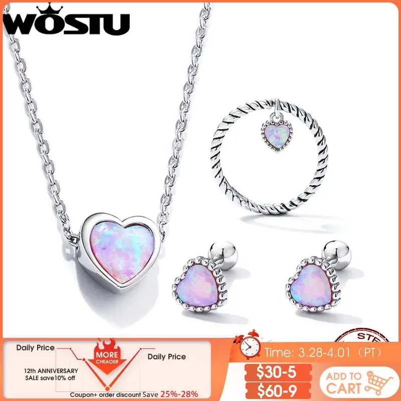 

WOSTU Classical Heart Jewelry Set 925 Sterling Sliver Lovely Pink Opal Neckalce Earrings Rings For Women S925 Fine Jewelry Gift