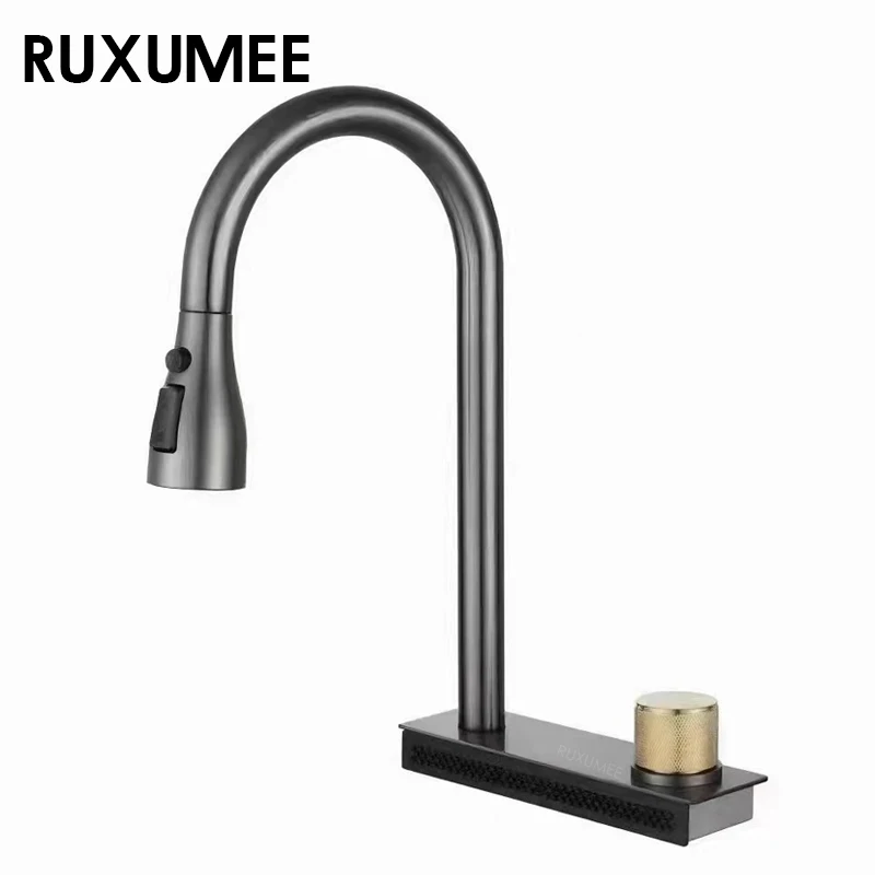 

Pull-out Kitchen Basin Faucet 4 Adjustable Water Modes Cold and Hot Single Hole Gray Washbasin Water Mix Tap Torneira Deck Mount