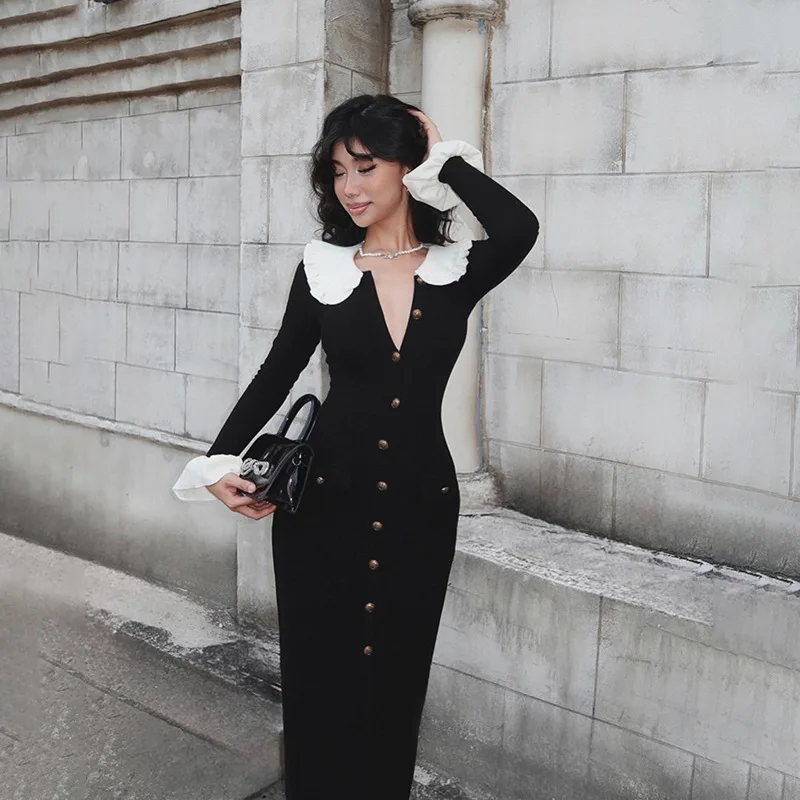 Элегантное трикотажное длинное платье женское однобортное облегающее с